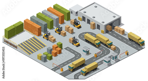 Isometric vector illustration showing a military logistics base complex with warehouses, soldiers, and vehicles, designed as a character-driven icon art piece for a world business