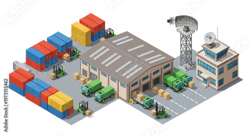Isometric vector illustration depicting a military logistics base complex, showcasing soldiers operating forklifts to move supplies near army warehouses, with a control tower