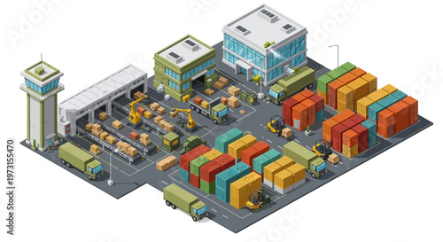 Isometric vector illustration depicting a military logistics base complex, showcasing people, icons, and characters around military warehouses, vehicles, and a control tower, set