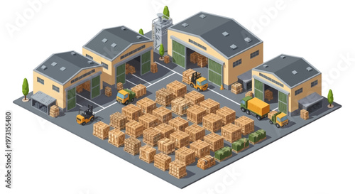 Isometric vector illustration of an army warehouse showcasing military logistics with people, characters, and icons, featuring a military logistics base complex and vehicles in an organized
