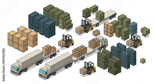 Isometric vector art depicts a military logistics operation with character icons and vehicles, showing army warehouses with crates, trucks, and forklifts, all rendered in a clean, graphic