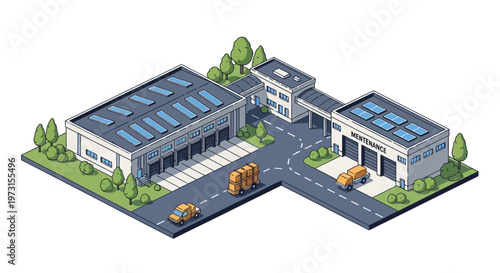 Isometric vector illustration showcasing a detailed military logistics base complex with warehouses, vehicles, and miniature character icons, set against a clean white background