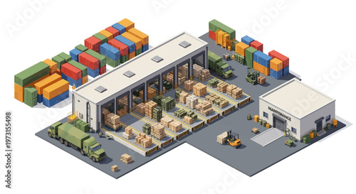 Isometric vector illustration of a military logistics base complex, showcasing soldiers and vehicles loading supplies at a warehouse, set against a clean background in a design