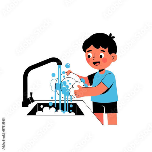 Boy washing dishes at kitchen sink, water splashing, chores, domestic help, cartoon style