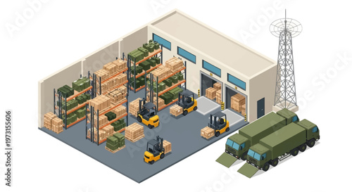 Isometric vector illustration showcasing a military logistics base complex, complete with soldiers, military vehicles, and warehouses filled with supplies, set against a clean background