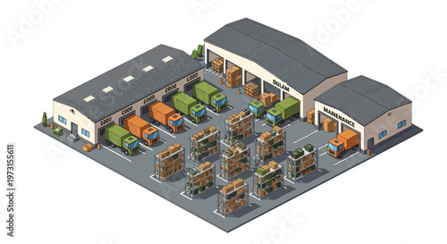 Isometric vector illustration showing a military logistics base complex with warehouses, military vehicles, soldiers, and supplies, set against a white background with a clean, graphic