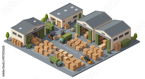 Isometric vector illustration features an army warehouse, showcasing military logistics with soldiers, vehicles, and cargo, presented in a clean, modern design on a muted background