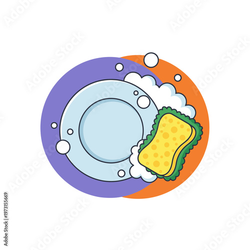 Cartoon Plate Washing with Sponge and Bubbles