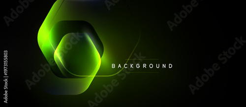 Dark background features glowing green hexagon shapes. Modern design with subtle light effects, text reads background. Minimalist aesthetic.