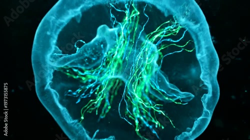Abstract glowing blue and green biological organism pulsating in dark water microscopic view of alien life form.