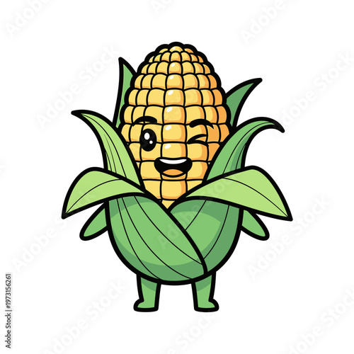 Cute Winking Corn Character with Green Leaves, Funny Cartoon Vegetable