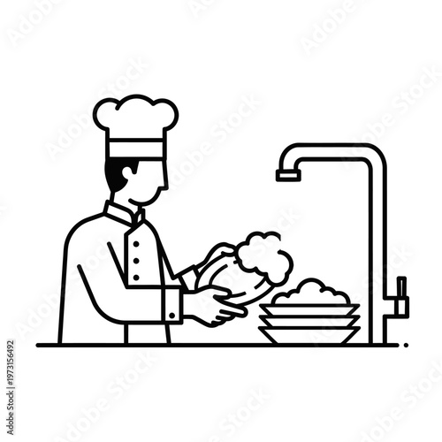 Chef Washing Dishes in Kitchen