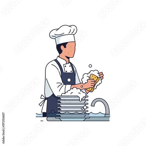 Chef Washing Dishes in Sink with Sudsy Plates and Sponge - Kitchen Cleanup