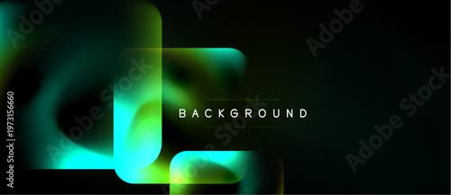 Abstract neon shapes overlap dark background. Gradient colors create modern visual effect. Minimalist design, suitable for digital projects.