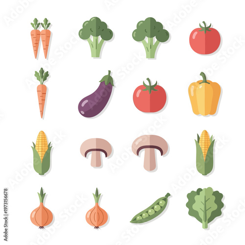 Flat Icon Set of Fresh Vegetables Collection: Carrots, Broccoli, Tomatoes, Eggplant, Corn, Mushroom, Onion, Pepper, Peas, Lettuce