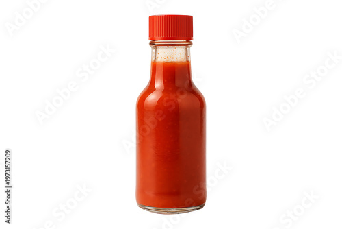 Isolated hot sauce bottle with red cap on transparent background