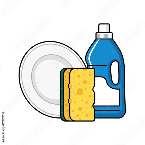 Dishwashing essentials: plate, sponges, and detergent bottle with blank label