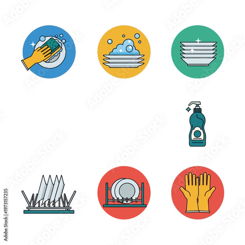 Dishwashing Icons Set: Cleaning Plates, Sponge, Gloves, Detergent, Dish Rack