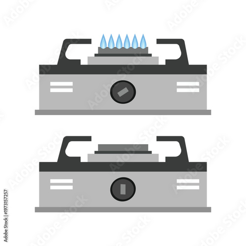 Portable Gas Stove with Flame Illustration. Gas Stove Control Knob On Off. Cooking Gas Burner On and Off Comparison