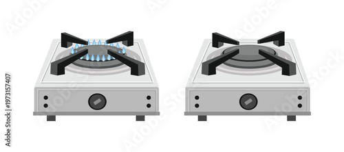 Portable Gas Stove with Flame On and Off. Butane Gas Stove. Gas Burner Stove. Kitchen stove illustration.