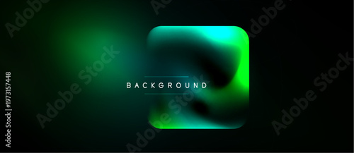Dark background features vibrant green, teal gradients. Abstract shapes create modern visual effect. Text reads BACKGROUND.