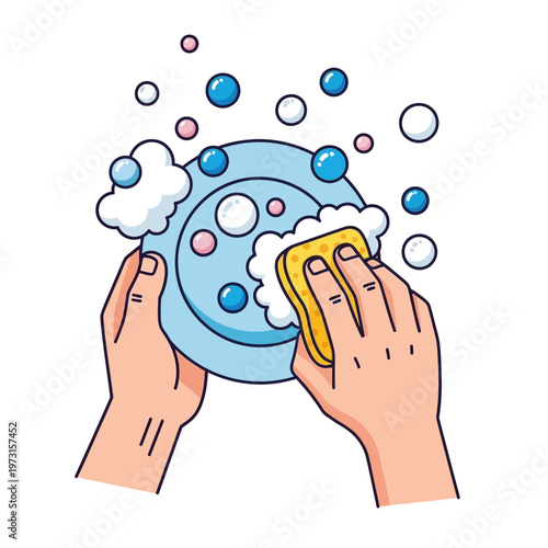 Hand washing a blue plate with yellow sponge and soap bubbles, cartoon style