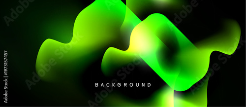 Abstract green fluid shapes overlap black background. Gradient colors create dynamic visual effect. Modern design element.