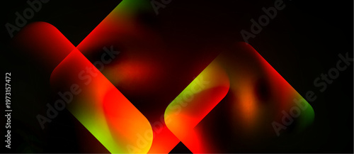 Abstract shapes overlap, vibrant colors blend. Red, green, orange hues dominate dark background. Smooth gradients create dynamic visual effect.