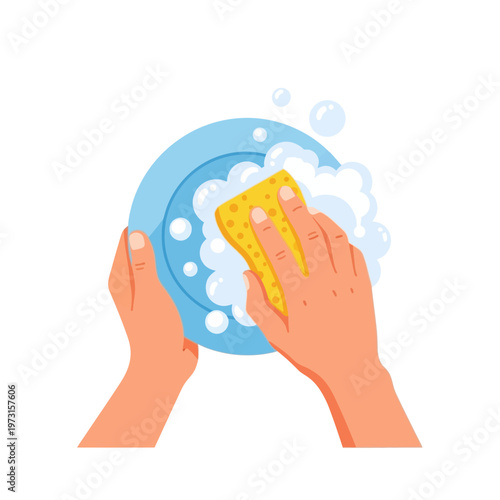 Hands washing a blue plate with a yellow sponge and soap bubbles, cleaning concept