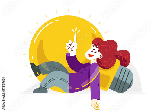 Young woman having a bright idea, vector illustration of a person with light bulb, creative genius thinking and generating a perfect idea.