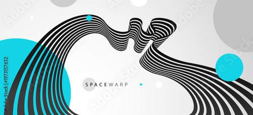 Vector abstract background with curve lines in 3D perspective and bright blue circles, road look like tape with stripes, dynamic speed and motion.