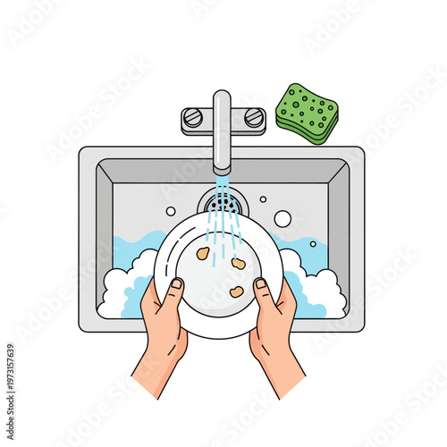 Hands washing a dirty plate under running water in a kitchen sink with bubbles and sponge