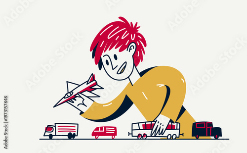Little boy plays with toys vector illustration, stylish drawing of a child playing.