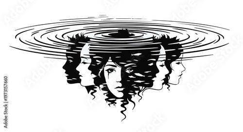 Multiple faces in profile are intertwined, creating a sense of shared experience or identity.