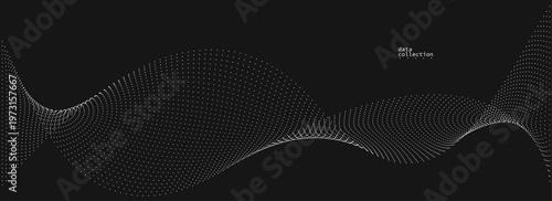 Grey abstract background, vector wave of flowing particles over black, curvy lines of dots in motion, technology and science theme, airy and ease futuristic illustration.