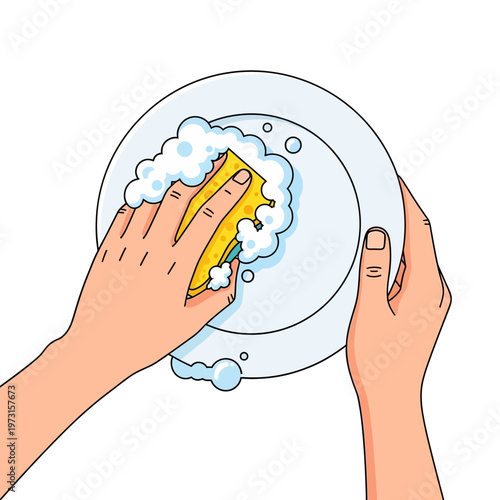 Hands washing a plate with a sponge and soap bubbles on white background