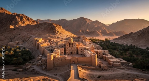 Stunning aerial view of Saint Catherines Monastery at sunrise, nestled in the rugged Sinai Mountains, Egypt.