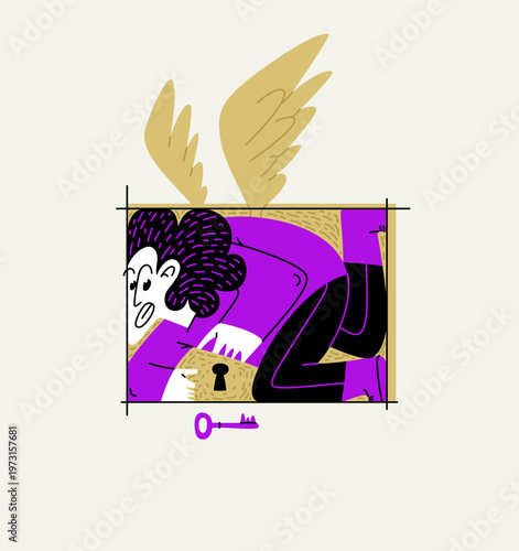 Man is locked in a rectangular frame, social and cultural restrictions concept, vector illustration of a guy in uncomfortable pose is locked in his mind barriers with imaginary wings.