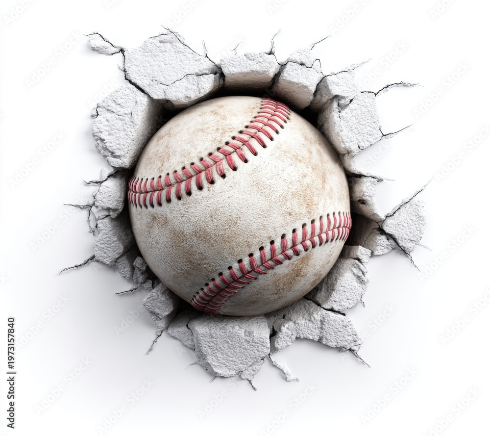 Obraz premium Dynamic baseball bursting through a cracked white wall, symbolizing power and impact