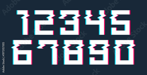 Glitch noisy geometric vector numbers set in analog style, futuristic cyberpunk numerals with digital grunge effect, matrix style math symbols.