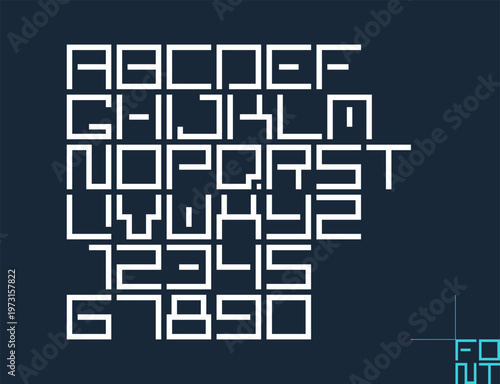 Minimal geometric cyberpunk font, vector typeface in geometry minimalist square style, future technology simple urban rectangular typography, alphabet letters and numbers high tech style.