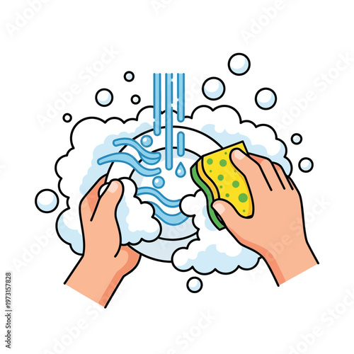 Hands washing dishes under running water with soap bubbles and sponge, cleaning illustration