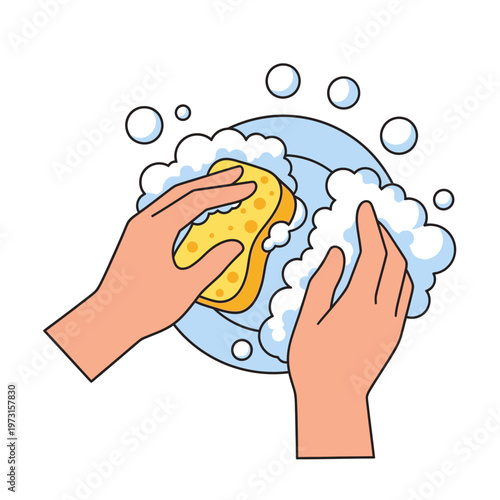 Hands washing dishes with sponge and soap bubbles, cleaning plate, domestic chore