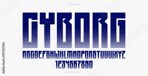 Halftone dotted geometric brutal and bold typeface for logos and posters, vector urban industrial font, modern display typography in cyberpunk futuristic style.