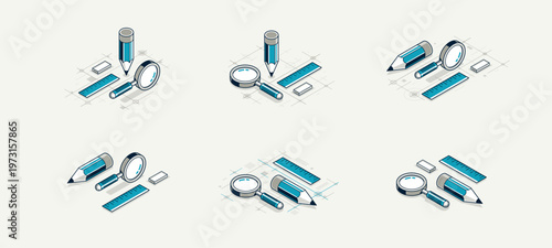 Engineering project concept set, paper document blueprint engineer work vector 3D isometric illustration, abstract draft drawing, cad technical plan.