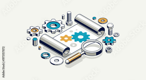 Engineering research and education concept, gears paper plan with draft drawing and magnifier 3D isometric vector illustration, technical study.