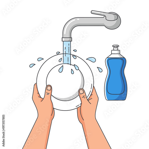 Hands washing plate under running water with dish soap bottle nearby