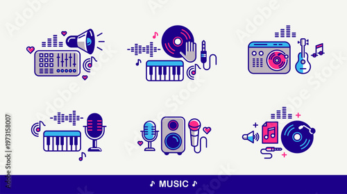 Music and recording studio vector detailed icons set, sound producing and audio engineering bundle, playing instruments.