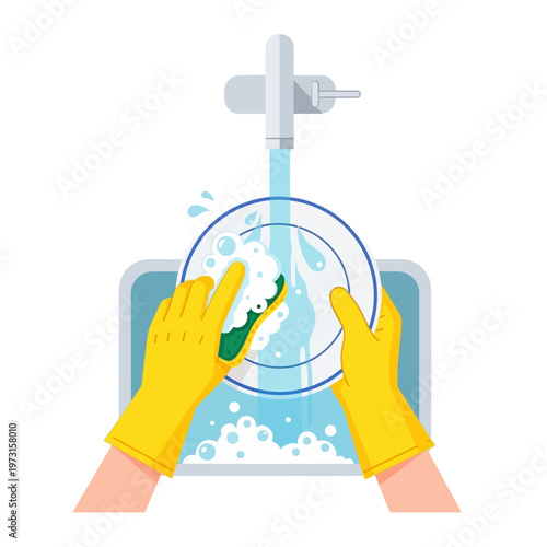 Hands washing plate with yellow gloves and sponge under running water, kitchen sink, soap suds
