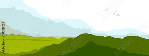 Beautiful scenic nature landscape vector illustration summer or spring season with grasslands meadows hills and mountains, hiking traveling trip to the countryside concept.